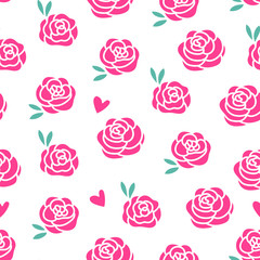 Vector Roses modern design seamless pattern. Pink flowers with leafy leaves isolated on white background.