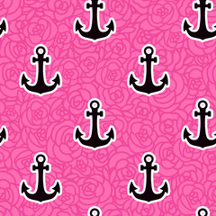 Vector Seamless pattern. Anchor silhouette icon on the background of pink roses. Concept of the sea of roses.