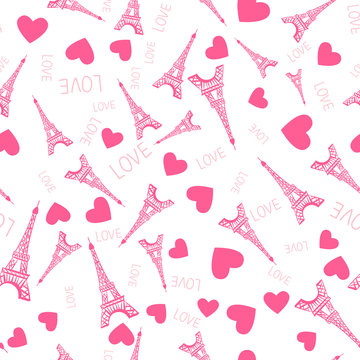 Seamless pattern. Illustration pink ink Eiffel Tower. Vector decorations isolated on white background.