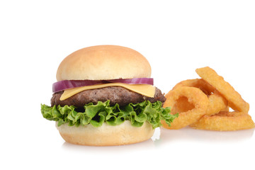 hamburger with onion rings
