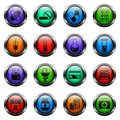 drug store vector icons on color glass buttons