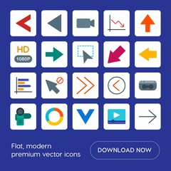 Modern Simple Set of arrows, charts, video, cursors Vector flat Icons. Contains such Icons as  cassette,  old,  button,  click,  hand, arrow and more on blue background. Fully Editable. Pixel Perfect