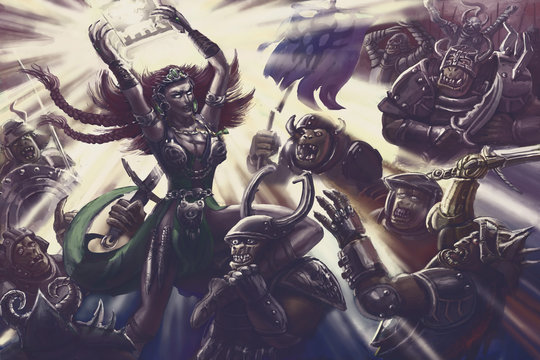 Woman magic warrior of light against orcs army