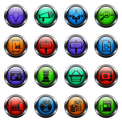 marketing vector icons on color glass buttons