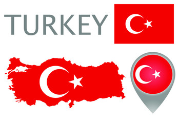 Colorful flag, map pointer and map of Turkey in the colors of the Turkish flag. High detail. Vector illustration