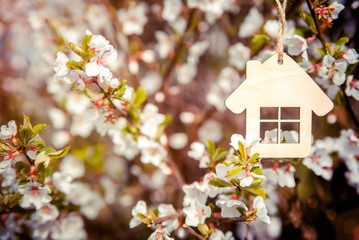 The symbol of the house in the branches with white flowers 