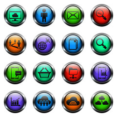 social network vector icons on color glass buttons