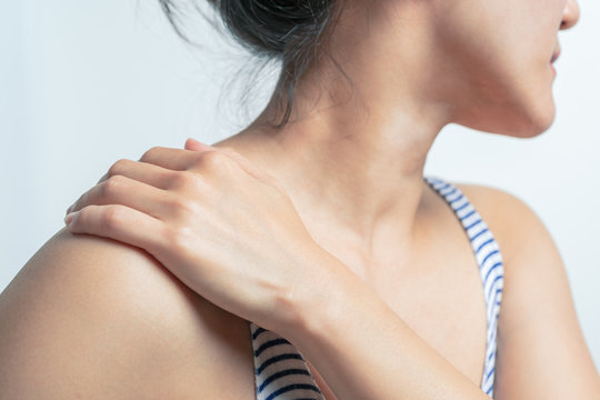 Young Women Neck And Shoulder Pain Injury, Healthcare And Medical Concept