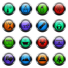 winter vector icons on color glass buttons