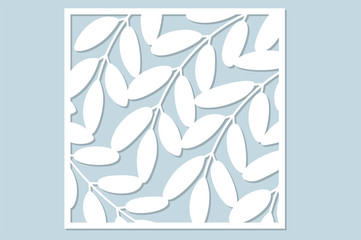 Decorative card for cutting laser or plotter. Leaves flower branch pattern. Laser cut. Ratio 1:1. Vector illustration.