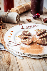 chocolate sausage on a wooden table