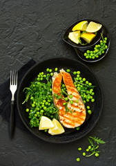 baked fish or roasted fillet or steak with peas,