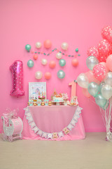 One year decorations ideas. A lot of balloons. Cake for Holiday party. 