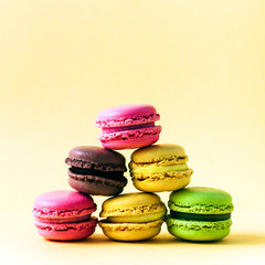Pyramid of colorful, bright, traditional French Sweet macaroons