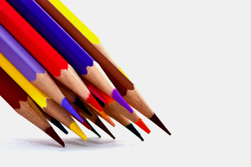 Many color pencils On a white background Educational Concepts