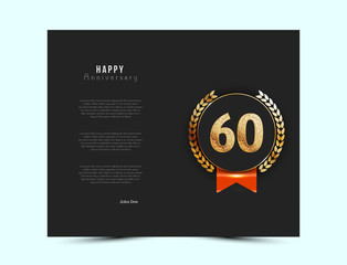 60th anniversary black card with gold and red elements. Vector illustration.