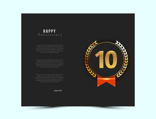 10th anniversary black card with gold and red elements. Vector illustration.