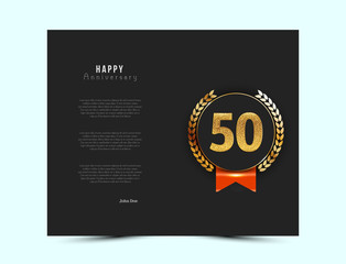 50th anniversary black card with gold and red elements. Vector illustration.