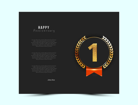 1st anniversary black card with gold and red elements. Vector illustration.