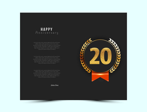 20th anniversary black card with gold and red elements. Vector illustration.