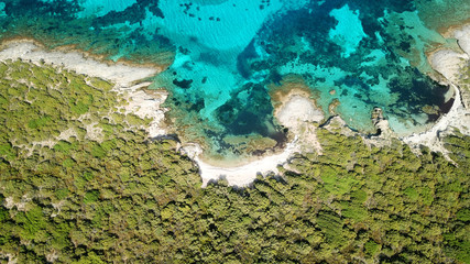 Aerial drone bird's eye view photo of tropical rocky seascape in gulf of Petalion, South Evia island, Greece
