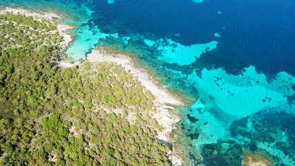 Aerial drone bird's eye view photo of tropical rocky seascape in gulf of Petalion, South Evia island, Greece