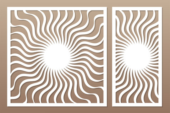 Set decorative card for cutting laser or plotter. Mandala, geometric flower pattern. Laser cut. Ratio 1:1, 1:2. Vector illustration.
