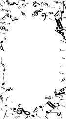 Black Musical Notes on White Background.  Many Random Falling Notes, Bass and Treble Clef.