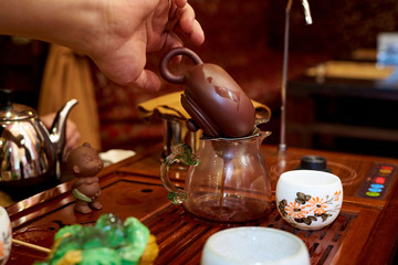 Tea ceremony. Set for tea ceremony. Preparation of tea.