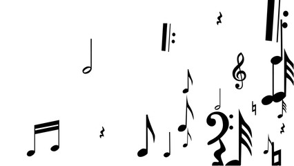 Black Musical Notes on White Background.  Many Random Falling Notes, Bass and Treble Clef.