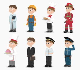 Man different professions Vector. Fireman, policeman, constructor, doctor, cook, pilot. Cartoon characters