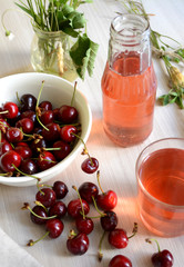 Cherry juice and berries on the table. Summer still life