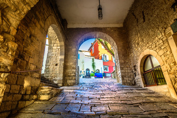 Motovun old streets town. / Scenic view at old stone streets in city center of Motovun town, Istria region in Croatia.