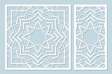 Set decorative card for cutting laser or plotter. Arabic mandala pattern. Laser cut. Ratio 1:1, 1:2. Vector illustration.