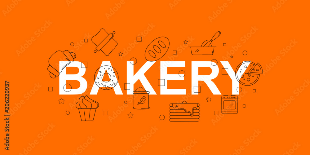 Wall mural Bakery vector banner. Word with line icon. Vector background