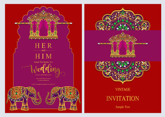 Indian wedding Invitation card templates with gold patterned and crystals on paper color Background.