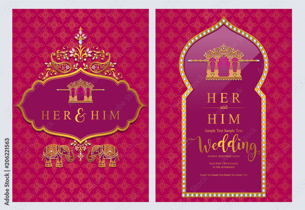 Wall mural indian wedding invitation card templates with gold patterned and crystals on paper color background.