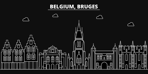 Fototapeta premium Bruges silhouette skyline. Belgium - Bruges vector city, belgian linear architecture, buildings. Bruges line travel illustration, landmarks. Belgium flat icon, belgian outline design banner