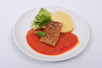 Tempeh with tomato sauce and dumplings on a white