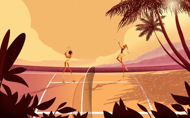 Girls spending their holiday playing tennis at sunset 