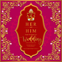 Indian wedding Invitation card templates with gold patterned and crystals on paper color Background.