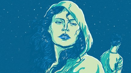  Girl with the hair in the wind and boy walking away with a sky full of stars