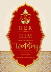 Indian wedding Invitation card templates with gold patterned and crystals on paper color Background.