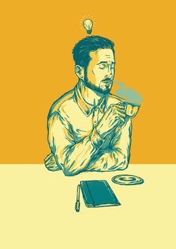 Bearded man drinking coffee having and idea bulb above his head and a sketchbook