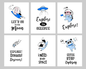 Outer Space concept quotes. Cute animals astronauts in helmets, creative nursery designs, perfect for kids room, fabric, wrapping