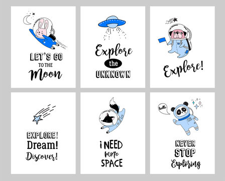 Outer Space concept quotes. Cute animals astronauts in helmets, creative nursery designs, perfect for kids room, fabric, wrapping