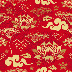 Seamless pattern with Chinese and asian elements.