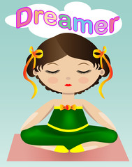 A sweet girl in a green suit is sitting and dreaming with her eyes closed. The inscription Dreamer