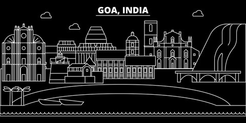 Goa silhouette skyline. India - Goa vector city, indian linear architecture, buildings. Goa line travel illustration, landmarks. India flat icon, indian outline design banner - obrazy, fototapety, plakaty