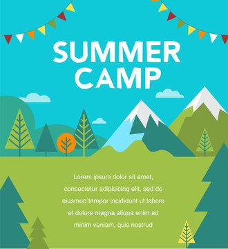 Summer camp, children vacation, traveling and family camping activity. Poster and flyer